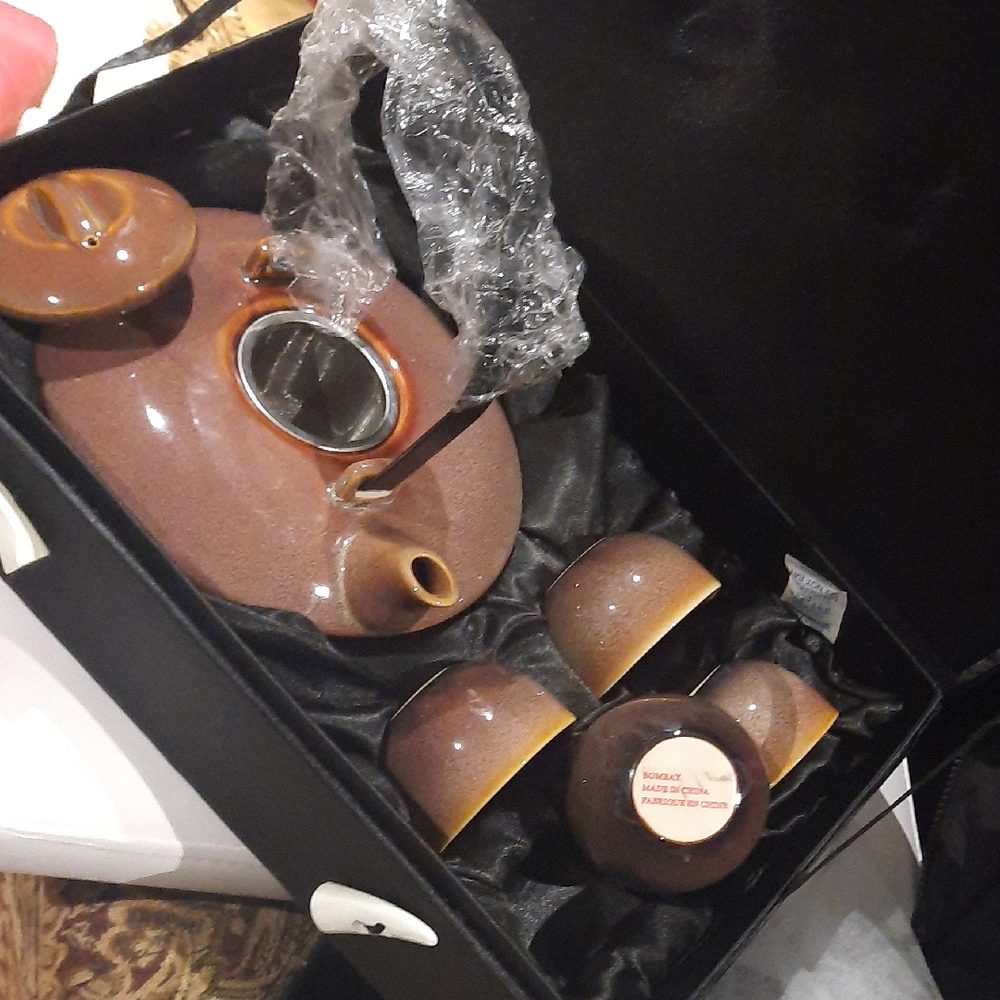 NIB ☕️ WEDDING💍GIFT🎁 GENUINE BOMBAY & CO 9PC Elegant Tri-tone Brown Tea Set